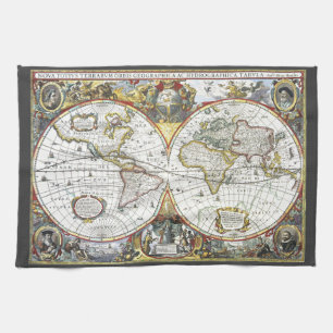 Antike alte Weltkarte von Hendrik Hondius, 1630 Geschirrtuch