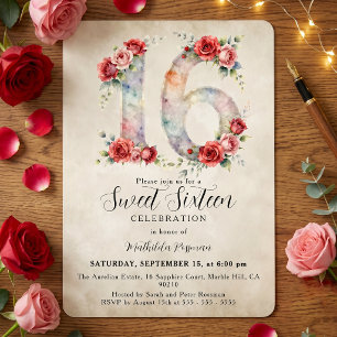 Antike Aquarell-Rosen in Rot und Pink Sweet 16 Einladung