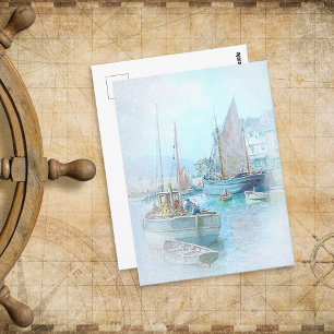 Antike Aquarell-Segelschiffe im Hafen Postkarte