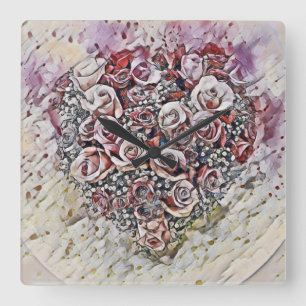 Antike Aquarellmalerei von farbenfrohen Rosen Herz Quadratische Wanduhr