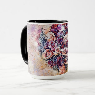 Antike Aquarellmalerei von farbenfrohen Rosen Herz Tasse
