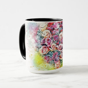 Antike Aquarellmalerei von farbenfrohen Rosen Herz Tasse