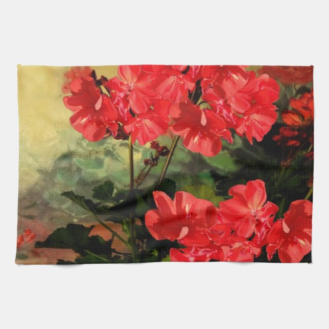 Antike Art-rote Pelargonie-Blumen-Geschenke Handtuch (Horizontal)