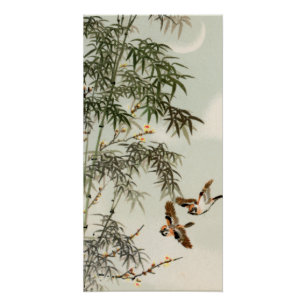 Antike asiatische Vögel im Bambusgarten Sperlinge Poster
