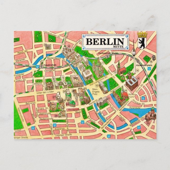Antike Berlin Stadtplan Postkarte (Vorderseite)