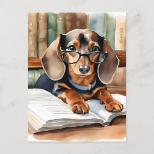 Antike Bibliotheks-Aquarell-Dachshund Postkarte