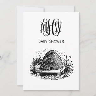Antike Bienen und Bienenstock #1 Vine Monogramm-Sc Einladung