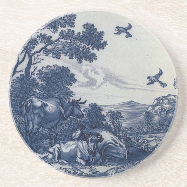 Antike blaue Fliese Delfts - Vieh und Vögel Sandstein Untersetzer (Vorne)