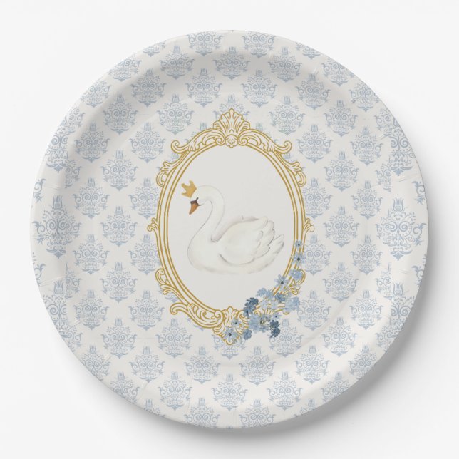 Antike Blaue Regency-Schwan-Kamee-Hochzeitsdusche Pappteller (Vorderseite)