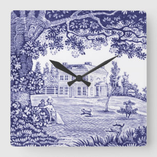 Antike Blaue Toile Französische Landhausdekor-Uhr Quadratische Wanduhr