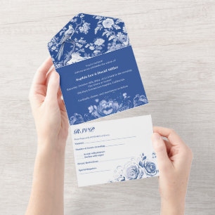 Antike Blaue Und Weiße Chinoiserie Blumenhochzeit All In One Einladung