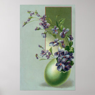 Antike blühende violette Blumen in einem Osterei Poster