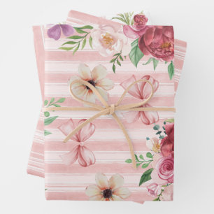 Antike Blumen Coquette Schleife rosa und rote Blum Geschenkpapier Set
