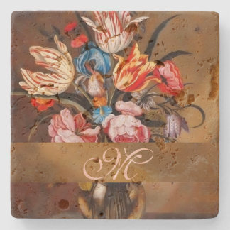 Antike Blumen in einer Vase | Monogramm-Unterlage Steinuntersetzer
