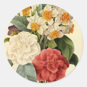 Antike Blumen, Kamelien und Narzissen, Redoute Runder Aufkleber