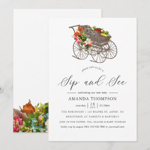 Antike Blumen-Kinderwagen-Baby-Shower-Sip & See Einladung