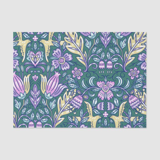 Antike Blumen- und Vogel-Muster Seidenpapier (Vorderseite)