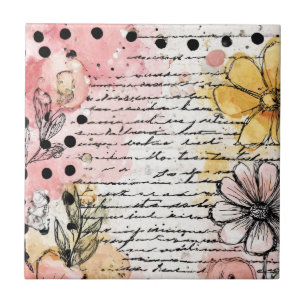 Antike Blumenbuchstabe mit rosa und gelben Blüten Fliese