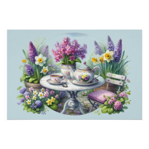 Antike Blumengesellschaft im Garten zum Tee Poster