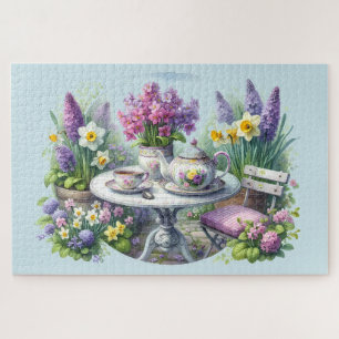 Antike Blumengesellschaft zum Tee im Garten