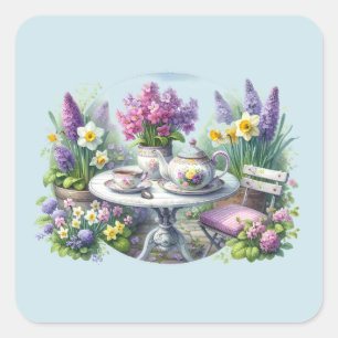 Antike Blumengesellschaft zum Tee im Garten Quadratischer Aufkleber