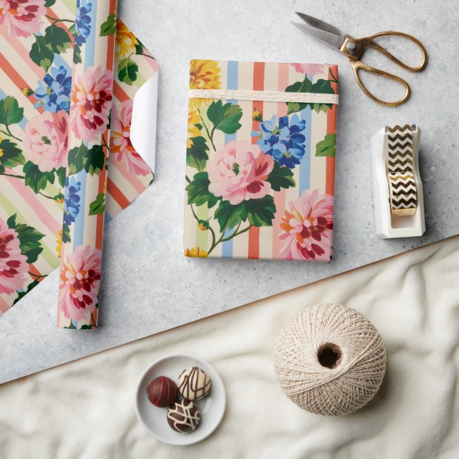 Antike Blumengestreifen Geschenkpapier (Kunsthandwerk)