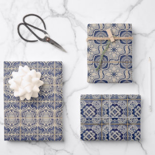 Antike Blumenmuster Blaue Weiße Portugiesische Fli Geschenkpapier Set