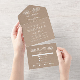 Antike Blumenrahmen Braune Kraftpapier Hochzeit All In One Einladung