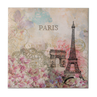 Antike Blumige Paris Eiffelturm Ephemera Fliese