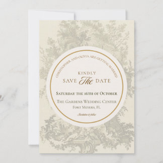 Antike Bohemian-Toile Sagegrün & Creme Hochzeit Save The Date