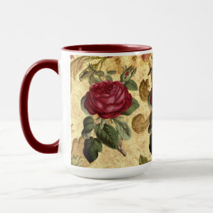 Antike bordeauxrote Rosen auf goldener Teppichstof Tasse