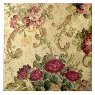 Antike bordeauxrote Rosen-Gold-Tapete  Fliese