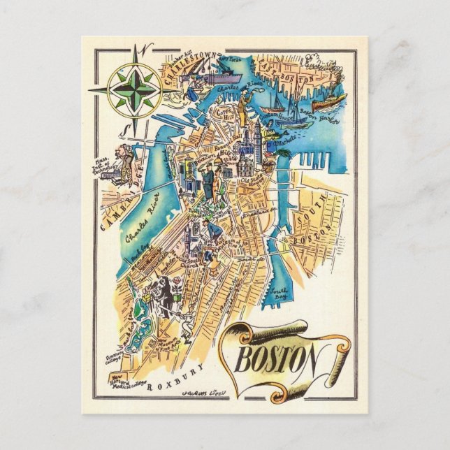 Antike Boston-Karte als Postkarte (Vorderseite)