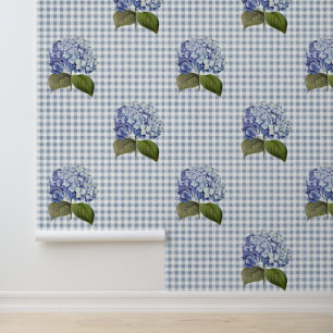 Antike botanische blaue Hortensien-Blumen-Gingham Tapete