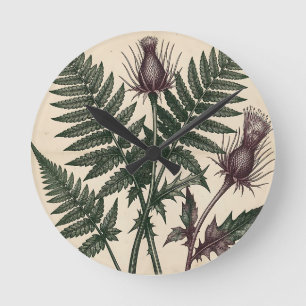 Antike botanische Darstellung von Distel und Farn Runde Wanduhr