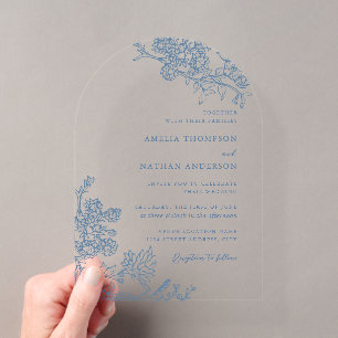 Antike Botanische Florale Staubblaue Hochzeit Acryleinladungen