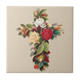 Antike botanische Kreuz-Rosen religiöse Kunst Fliese