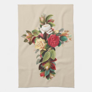 Antike botanische Kreuz-Rosen religiöse Kunst Geschirrtuch