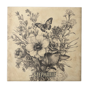 Antike botanische Schmetterling-Sepia-Herbarium Fliese