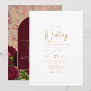 Antike botanische tiefrote Rosen Hochzeit Gold Tex Einladung