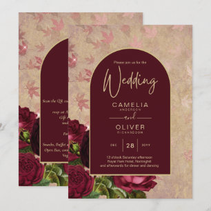 Antike botanische tiefrote Rosen Hochzeit Gold Tex Einladung