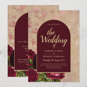 Antike botanische tiefrote Rosen Hochzeit Gold Tex Einladung
