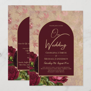 Antike Botanische Tiefrote Rosen Hochzeit Gold Tex Einladung