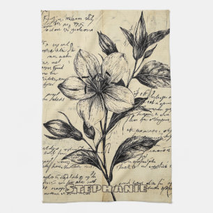 Antike braune Blumen Kalligrafie Pergament Geschirrtuch