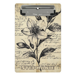 Antike braune Blumen Kalligrafie Pergament Mini Klemmbrett