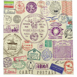Antike Briefmarken, dekoratives Dokumentenset. Duschvorhang