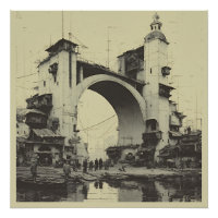 Antike Brücke im Sepia-Ton am Flussmarkt