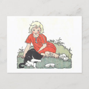 Antike Buchillustration Mädchen mit Katze Postkarte