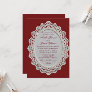 Antike Burgunder-Spitzen-Doily QR-Code-Hochzeit Einladung