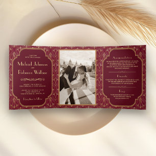 Antike Burgunderrot Great Gatsby Art Deco Hochzeit Dreifach Gefaltete Einladung